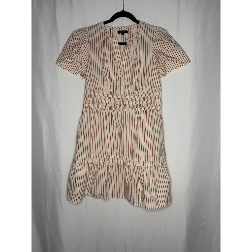 Quince Poplin Tiered Mini Dress Cream Brown Striped Short Sleeve Sz S